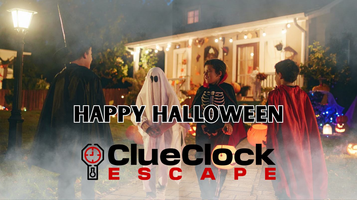 Halloween themed escape room with spooky decorations at ClueClock in Castle Pines