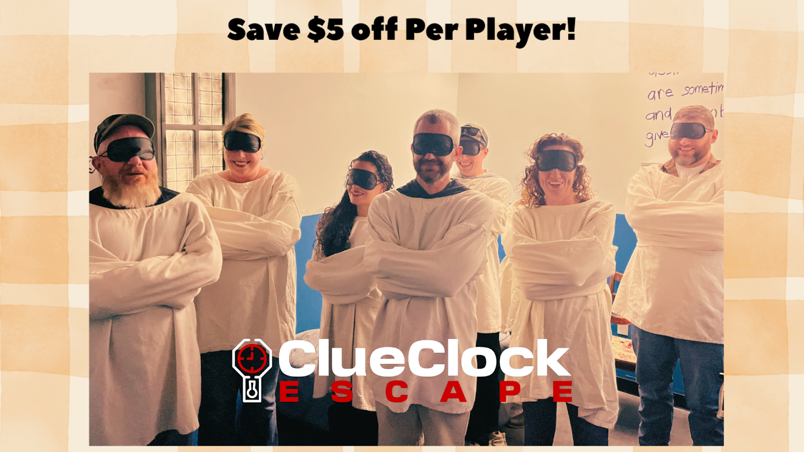 A group of escape room players in straight jackets and blindfolds team building at ClueClock Escape in Castle Pines.