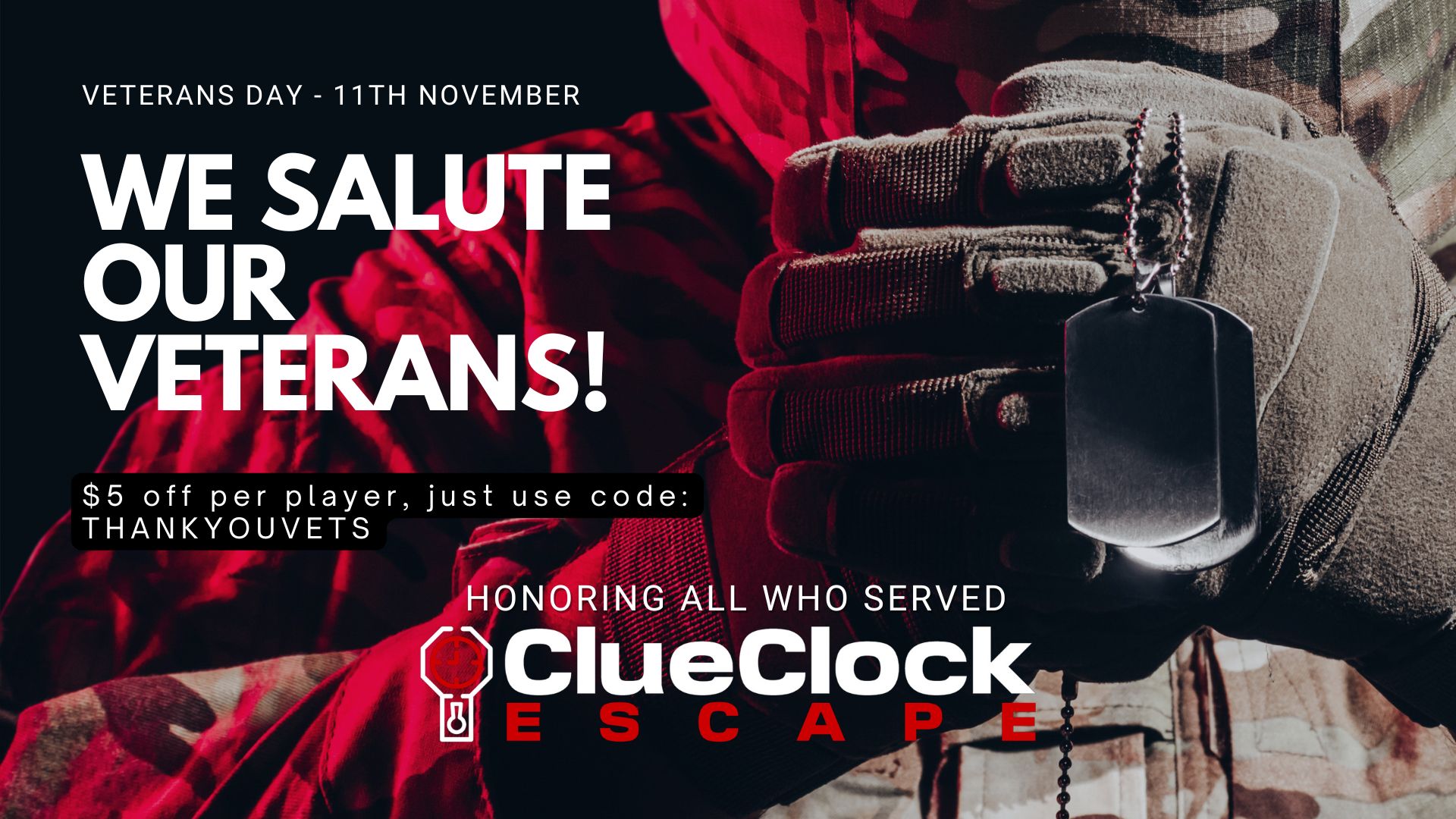 veteran holding dogtags with the caption "We Salute Our Veterans"